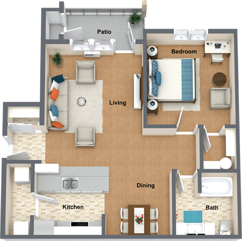 Floor plan for 1 bed, 1 bath, 820 sqft